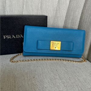 PRADA Blue Bow Saffiano Leather Wallet on Chain